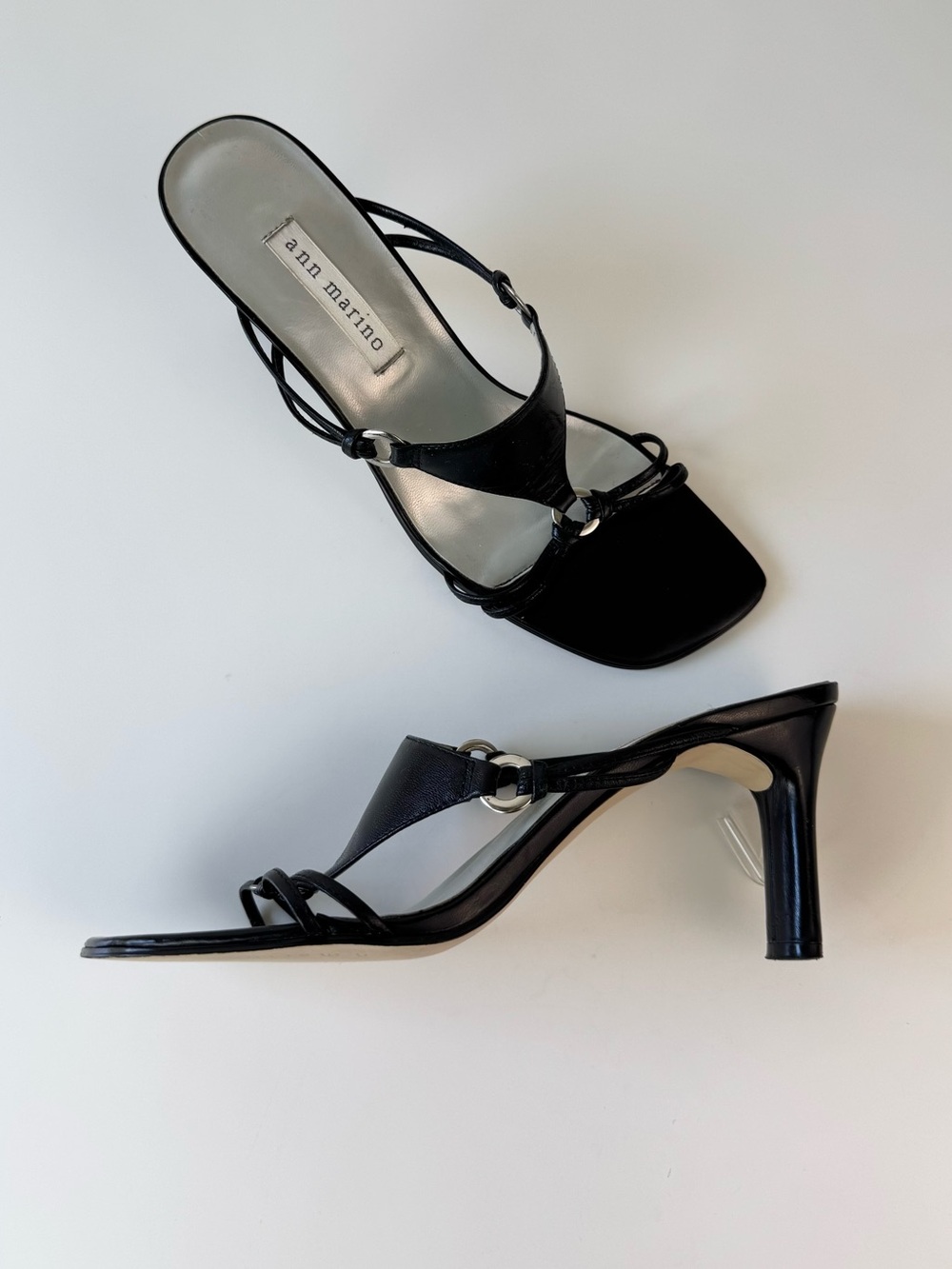 Ann Marino Vintage Y2K Black Leather Mule Heels Size 7.5 Embellished Square Toe